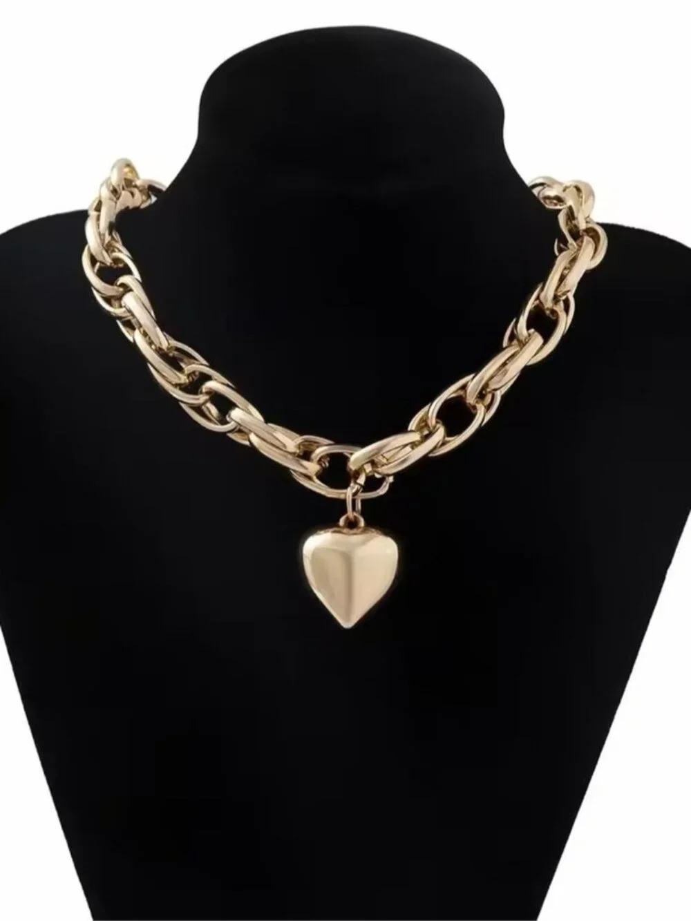Shiny Gold tone Chunky Chain Necklace with Heart Pendant